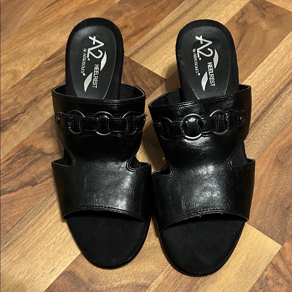 A2 By Aerosoles Women's Black Leather Mules